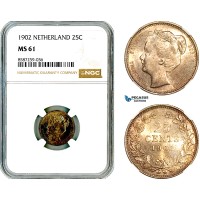 AL507, Netherlands, Wilhelmina, 25 Cents 1902, Utrecht Mint, Silver, NGC MS61