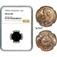AL516, Sarawak, C. Brooke Rajah, 1/4 Cent 1896 H, Heaton Mint, NGC MS62BN AL516, Sarawak, C. Brooke Rajah, 1/4 Cent 1896 H, Heaton Mint, NGC MS62BN