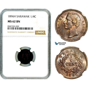 AL516, Sarawak, C. Brooke Rajah, 1/4 Cent 1896 H, Heaton Mint, NGC MS62BN
