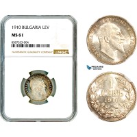 AL522, Bulgaria, Ferdinand I, 1 Lev 1910, Silver, NGC MS61 AL522, Bulgaria, Ferdinand I, 1 Lev 1910, Silver, NGC MS61