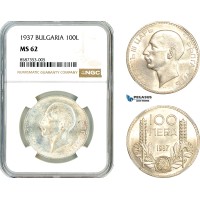 AL523, Bulgaria, Boris III, 100 Leva 1937, Silver, NGC MS62 AL523, Bulgaria, Boris III, 100 Leva 1937, Silver, NGC MS62