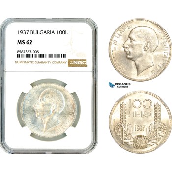 AL523, Bulgaria, Boris III, 100 Leva 1937, Silver, NGC MS62
