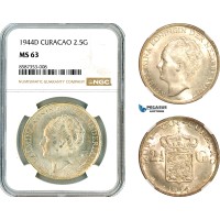 AL525, Netherlands Antilles, Curacao, Wilhelmina, 2 1/2 Gulden 1944 D, Denver Mint, Silver, NGC MS63