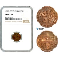AL526, Czechoslovakia, 5 Haleru 1927, Kremnica Mint, NGC MS62BN