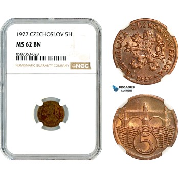 AL526, Czechoslovakia, 5 Haleru 1927, Kremnica Mint, NGC MS62BN