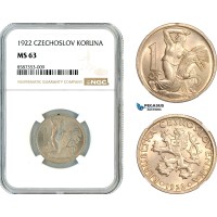 AL527, Czechoslovakia, 1 Koruna 1922, Kremnica Mint, NGC MS63