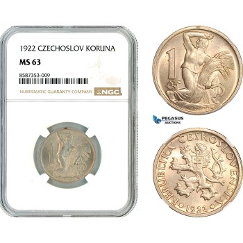 AL527, Czechoslovakia, 1 Koruna 1922, Kremnica Mint, NGC MS63