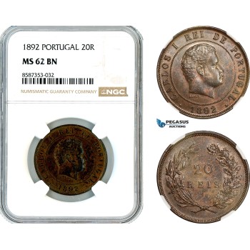 AL533, Portugal, Charles I, 20 Reis 1892, Lisbon Mint, NGC MS62BN