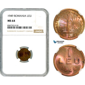 AL537, Romania, Peoples Republic, 1 Leu 1949, Bucharest Mint, NGC MS64 AL537, Romania, Peoples Republic, 1 Leu 1949, Bucharest Mint, NGC MS64