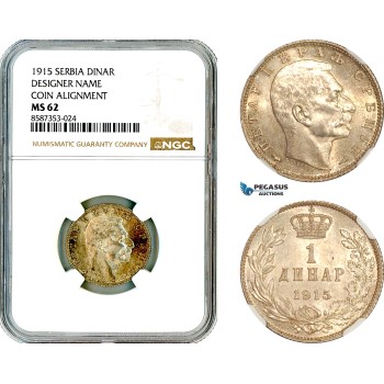 AL541, Serbia, Petar I, 1 Dinar 1915, Paris Mint, Coin alignment, Designer's name, Silver, NGC MS62