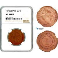 AL543, Straits Settlements, Victoria, 1 Cent 1874, Calcutta Mint, NGC AU55BN AL543, Straits Settlements, Victoria, 1 Cent 1874, Calcutta Mint, NGC AU55BN