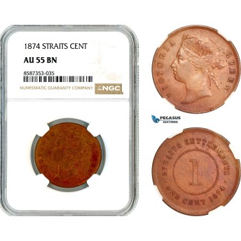 AL543, Straits Settlements, Victoria, 1 Cent 1874, Calcutta Mint, NGC AU55BN