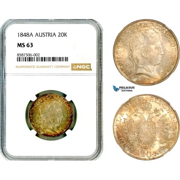 AL550, Austria, Ferdinand I, 20 Kreuzer 1848 A, Vienna Mint, Silver, NGC MS63