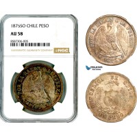 AL554, Chile, 1 Peso 1875 SO, Santiago Mint, Silver, NGC AU58 AL554, Chile, 1 Peso 1875 SO, Santiago Mint, Silver, NGC AU58