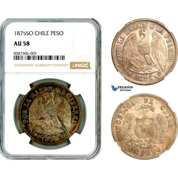 AL554, Chile, 1 Peso 1875 SO, Santiago Mint, Silver, NGC AU58 AL554, Chile, 1 Peso 1875 SO, Santiago Mint, Silver, NGC AU58