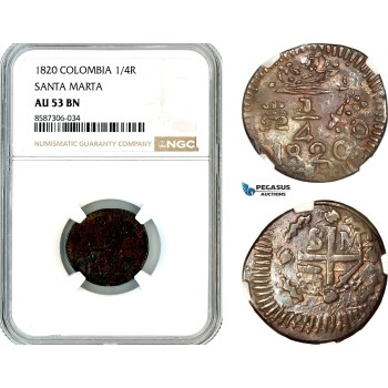 AL556, Colombia, Santa Marta, 1/4 Real 1820, NGC AU53BN