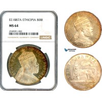 AL557, Ethiopia, Menelik II, 1 Birr EE 1887 (1895) A, Paris Mint, Silver, NGC MS64, Rare!