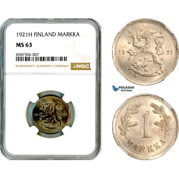 AL558, Finland, 1 Markka 1921 H, Heaton Mint, NGC MS63
