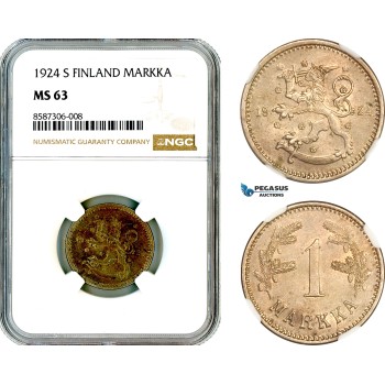 AL559, Finland, 1 Markka 1924 S, Helsinki Mint, NGC MS63