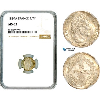 AL560, France, Louis Philippe I, 1/4 Franc 1839 A, Paris Mint, Silver, NGC MS62