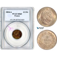 AL561, France, Louis Philippe I, 1/2 Franc 1834 A, Paris Mint, Silver, PCGS MS65, Top Pop and single finest graded! AL561, France, Louis Philippe I, 1/2 Franc 1834 A, Paris Mint, Silver, PCGS MS65, Top Pop and single finest graded!