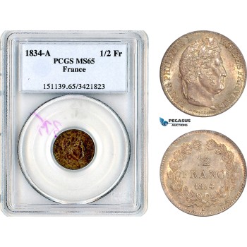 AL561, France, Louis Philippe I, 1/2 Franc 1834 A, Paris Mint, Silver, PCGS MS65, Top Pop and single finest graded!