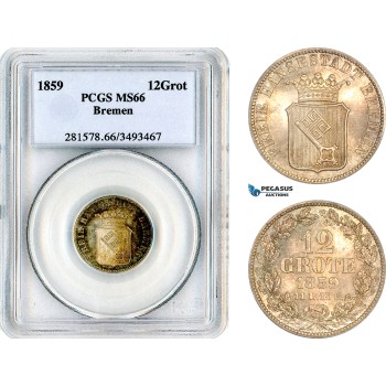 AL562, Germany, Bremen, 12 Grote 1859, Silver, PCGS MS66, Top Pop and single finest graded!