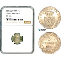 AL564, Germany, Hesse-Darmstadt, Louis II, 3 Kreuzer 1842, Silver, NGC MS64, Top Pop and single finest graded!