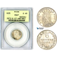 AL565, Germany, Nassau, William, 6 Kreuzer 1835, Silver, PCGS MS67, Top Pop and single finest graded!