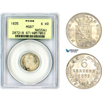 AL565, Germany, Nassau, William, 6 Kreuzer 1835, Silver, PCGS MS67, Top Pop and single finest graded!