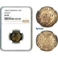 AL568, Germany, Saxony, John George III, 1/24 Taler 1686 CF, Silver, NGC AU58, Top Pop and single finest graded!
