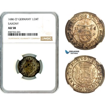 AL568, Germany, Saxony, John George III, 1/24 Taler 1686 CF, Silver, NGC AU58, Top Pop and single finest graded!