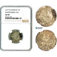 AL571, Germany, Wurttemberg-Ols, Sylvius II Frederick, 3 Kreuzers 1677 SP, Silver, NGC AU58