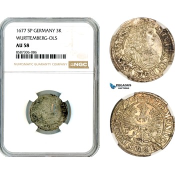 AL571, Germany, Wurttemberg-Ols, Sylvius II Frederick, 3 Kreuzers 1677 SP, Silver, NGC AU58 AL571, Germany, Wurttemberg-Ols, Sylvius II Frederick, 3 Kreuzers 1677 SP, Silver, NGC AU58