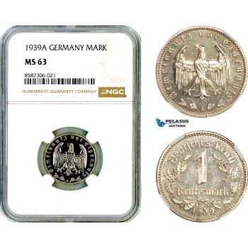 AL576, Germany, Third Reich, 1 Reichsmark 1939 A, Berlin Mint, NGC MS63