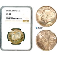 AL577, Great Britain, George V, 2 Shillings (Florin) 1918, London Mint, Silver, NGC MS64