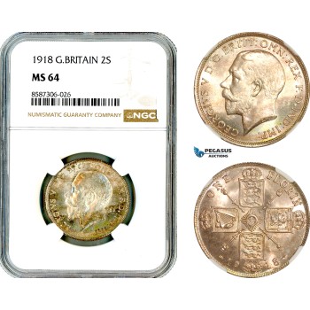 AL577, Great Britain, George V, 2 Shillings (Florin) 1918, London Mint, Silver, NGC MS64