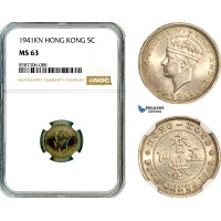 AL579, Hong Kong, George VI, 5 Cents 1941 KN, Kings Norton, NGC MS63, Very Rare!