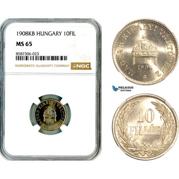AL580, Hungary, Franz Joseph, 10 Filler 1908 KB, Kremnitz Mint, NGC MS65