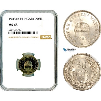 AL581, Hungary, Franz Joseph, 20 Filler 1908 KB, Kremnitz Mint, NGC MS63