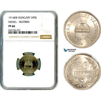 AL582, Hungary, Franz Joseph, Restrike 20 Filler 1914 KB, Kremnitz Mint, NGC PF66