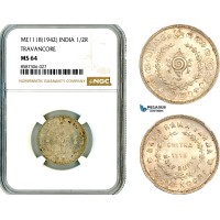 AL584, India, Travancore, 1/2 Rupee ME1118 (1942), Silver, NGC MS64 AL584, India, Travancore, 1/2 Rupee ME1118 (1942), Silver, NGC MS64