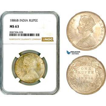 AL585, India, Victoria, 1 Rupee 1886 B, Bombay Mint, Silver, NGC MS63