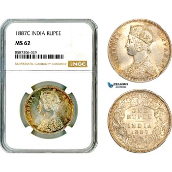 AL586, India, Victoria, 1 Rupee 1887 C, Calcutta Mint, Silver, NGC MS62