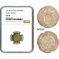 AL589, Italy, Papal States, Pius VII, Grosso 1815 R, Anno XVI, Rome Mint, Silver, NGC AU58, Top Pop and single finest graded!