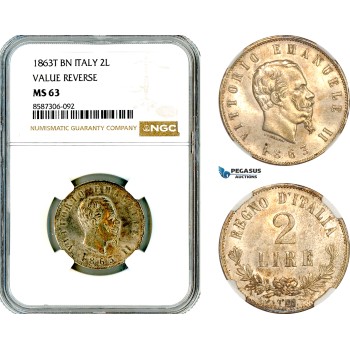 AL590, Italy, Vittorio Emanuele II, 2 Lire 1863 T BN, Turin Mint, Value Reverse, Silver, NGC MS63 AL590, Italy, Vittorio Emanuele II, 2 Lire 1863 T BN, Turin Mint, Value Reverse, Silver, NGC MS63
