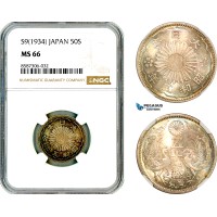 AL593, Japan, Showa, 50 Sen S9 (1934), Silver, NGC MS66
