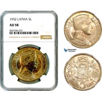 AL594, Latvia, 5 Lati 1932, London Mint, Silver, NGC AU58
