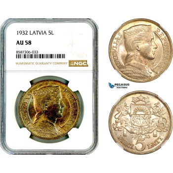 AL594, Latvia, 5 Lati 1932, London Mint, Silver, NGC AU58