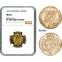 AL595, Liechtenstein, Johann II, 1 Krone 1910, Vienna Mint, Silver, NGC MS63